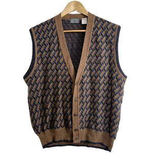 Vintage Sweater Vest Men XL Tan Blue Grey Cardigan 90s Wool Italy Geo Grandpa
